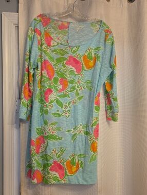 Lilly Pulitzer Aqua Floral Midi Dress with Pink and Orange Accents